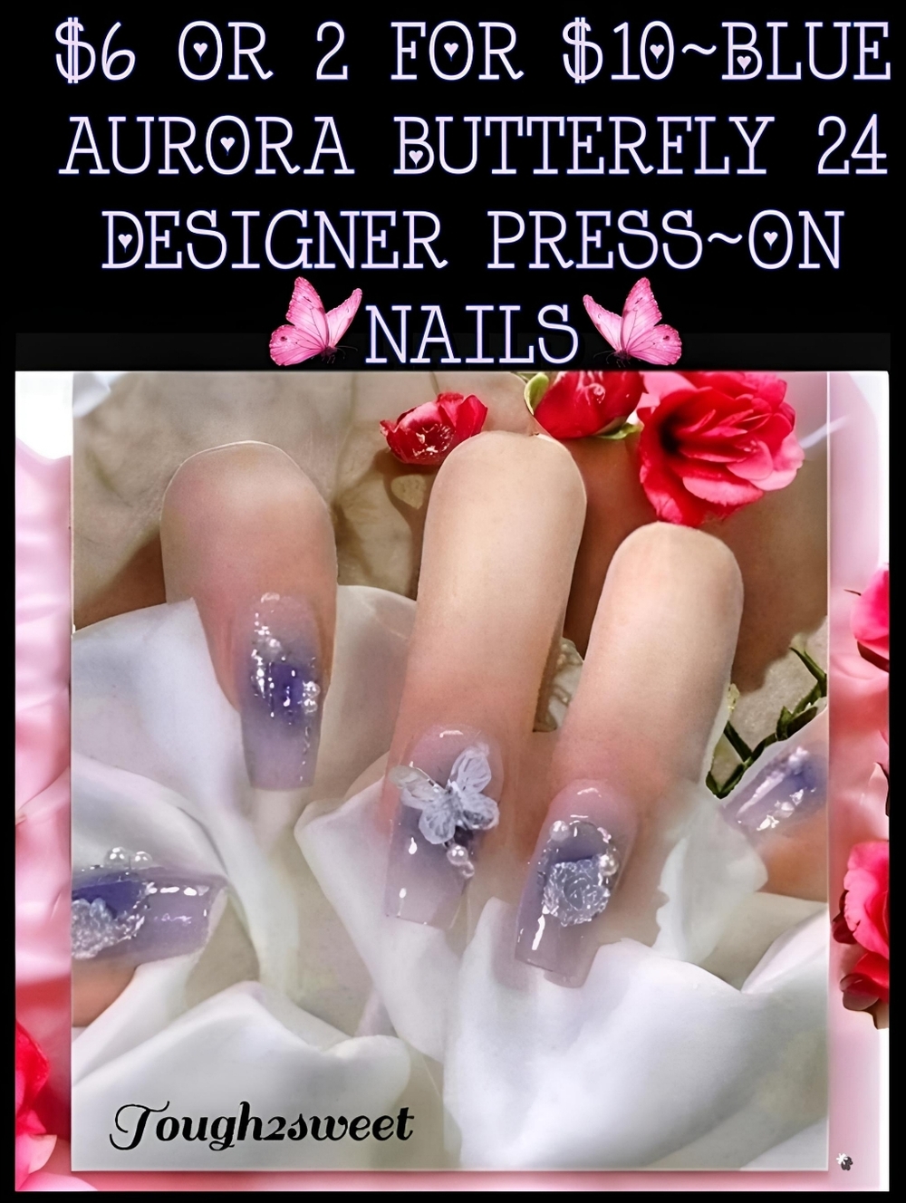 🆕️$6 OR 2 FOR $10~BLUE AURORA BUTTERFLY 24 DESIGNER PRESS~ON NAILS
